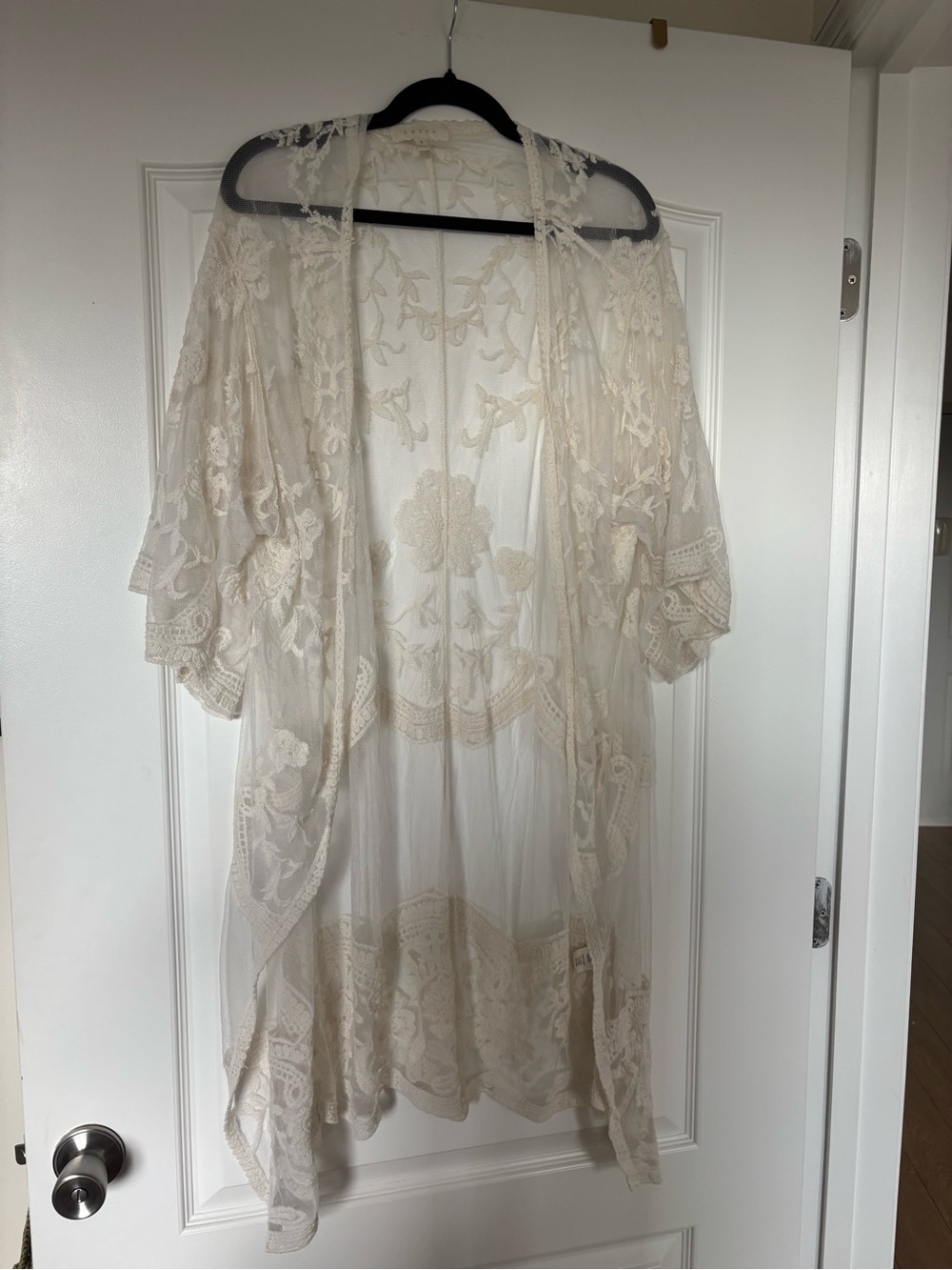 Adiva Sheer Embroidered Lace Kimono - Cream